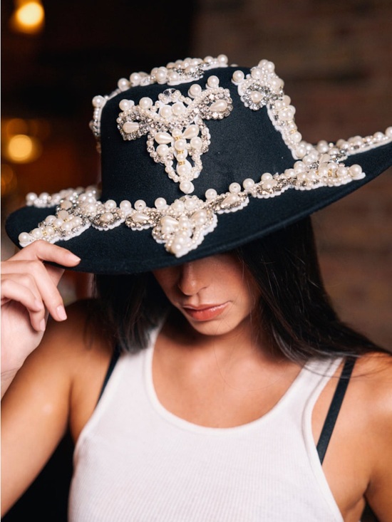 AKIRA Accessories - AKIRA Black Wide-Brim Pearl-Embellished Hat